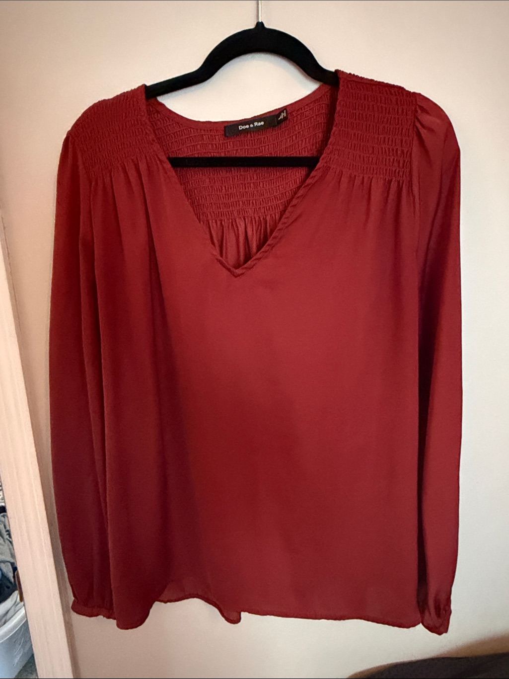 Doe & Rae Rust Red V-Neck Smocked Yoke Blouse